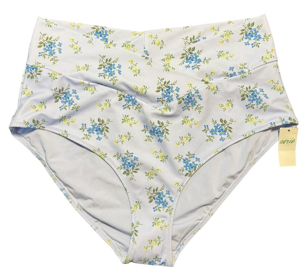 NWT Aerie High Waisted Full Coverage Bikini Bottom Blue Floral Size Large UPF 50